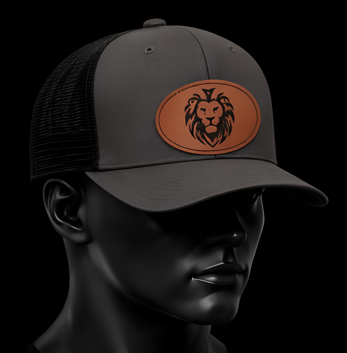 HERITAGE LION™ — OVAL Leather-Patch Cap — Charcoal / Black Mesh