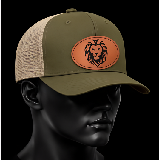 HERITAGE LION™ — OVAL Leather-Patch Cap — Moss / Khaki Mesh